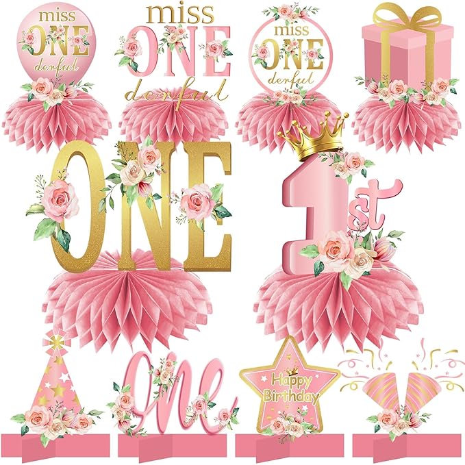 10Pcs Miss Onederful Birthday Decorations Honeycomb Centerpieces for Baby Girls, Pink Rose Gold 1st Birthday Table Centerpiece Party Supplies, Floral First Birthday Table Topper Sign Decor