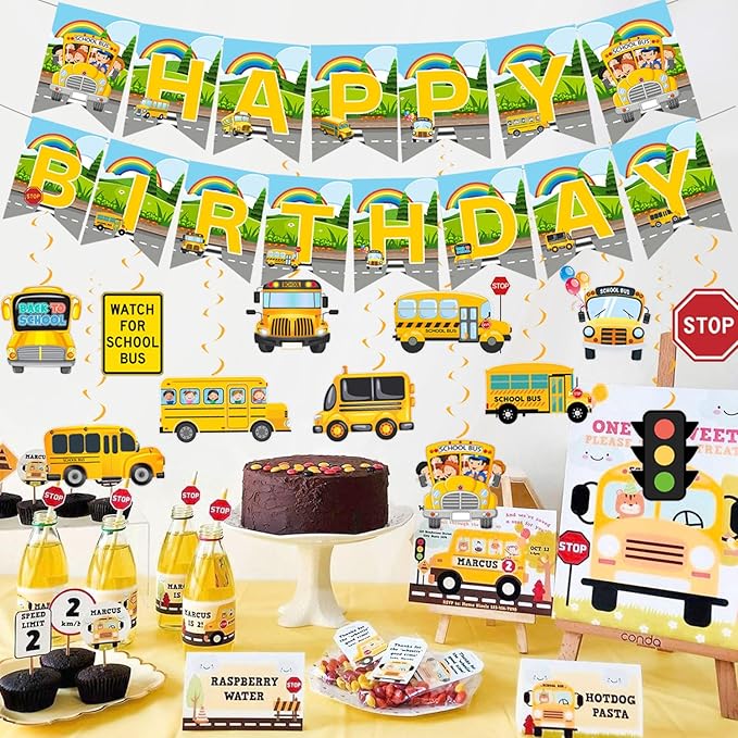 Wheels On The Bus Party Decorations Yellow School Bus Birthday Party Decor Supplies Includes Happy Birthday Banner Hanging Swirls Cute Back to School Honeycomb Centerpiece