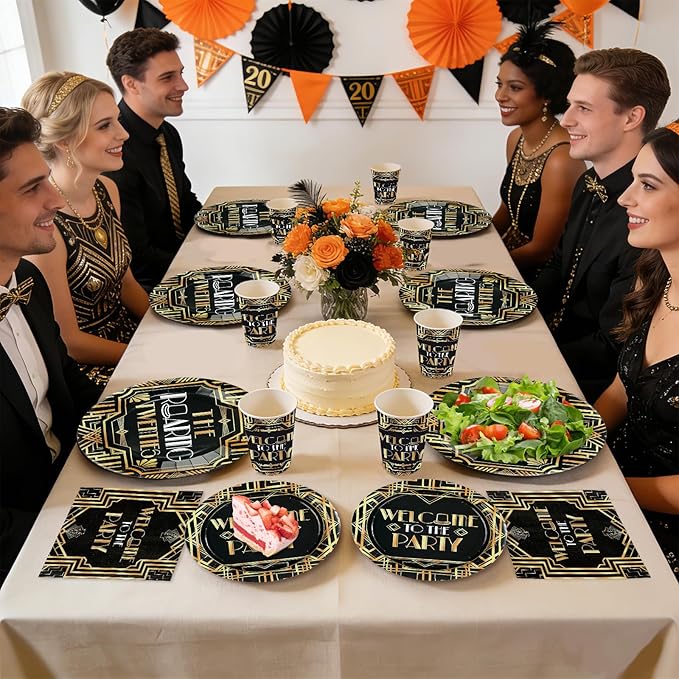 168Pcs Roaring 20s Party Decorations Great 1920s Party Plates Napkins Cups Forks Knives Spoons Black and Gold Retro Jazz Tableware for Speakeasy Bachelor Retirement Movie Night Supplies Serves 24