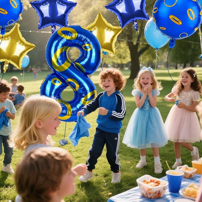 40 Inch Blue and Golden Ring Themed Number Balloon, Number Block Foil Number 8 Balloons Large Big Numbers Helium Balloon for Girls Boys 8th Birthday Theme Party Decorations (Number 8)