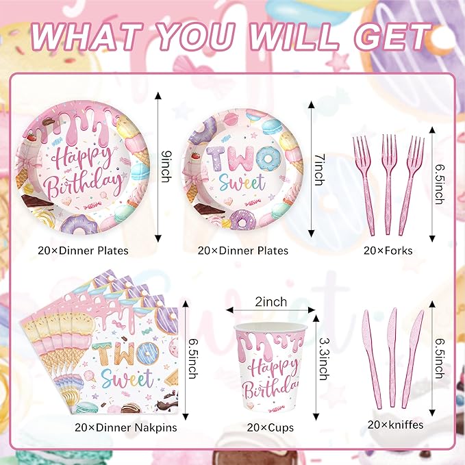 120PCS Two Sweet Birthday Party Supplies Two Sweet Donut Ice Cream Decorations for Baby Girl 2nd Second Birthday Tableware Set Plates Napkins Cups Set for 20 Guests