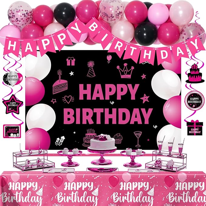 Pink and Black Birthday Decorations for Women Girls, 48Pcs Pink Party Decorations with Happy Birthday Banner Backdrop Tablecloth, Hot Pink Birthday Party Supplies with Balloons Pendants
