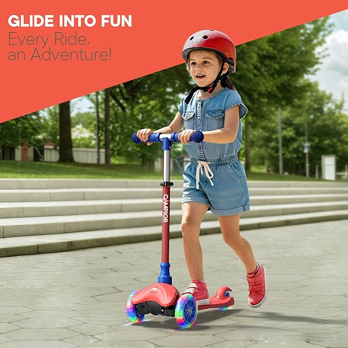 Red & Blue Mini 3 Wheel Scooter for Kids – Lean-to-Steer with LED Light-Up Wheels, Adjustable Handlebar, Wide Anti-Slip Deck, Smooth PU Wheels, Rear Foot Brake – Toddler Scooter for Ages 2+