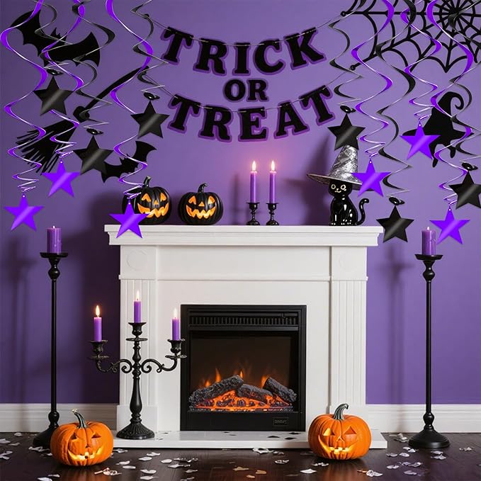 BEISHIDA Black Purple Star Halloween Hanging Swirl Decorations, Halloween Party Supplies for Horror Party Wedding Baby Shower Birthday Decorations,Pack of 15