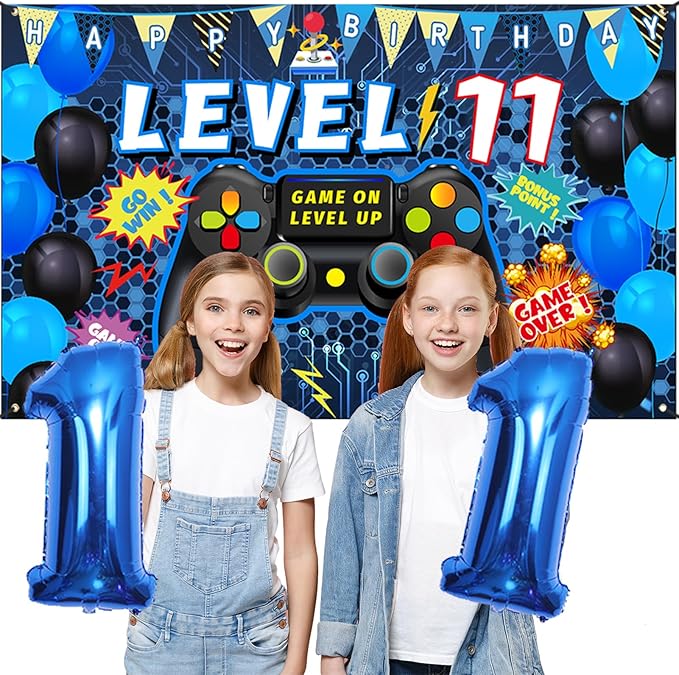 Vlipoeasn 90PCS Video Game Party Decorations for Boys Set Blue - 11th Birthday Supplies - Video Game Backdrop, Balloons, Tablecloth, Gamer and Foil Balloons
