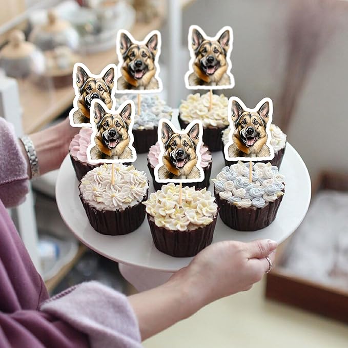 Ercadio 24 Pcs Pet Dog Puppy Cupcake Toppers Cute German Shepherd Dogs Cupcake Picks Puppy Birthday Party Pet Dog Party Cake Decorations