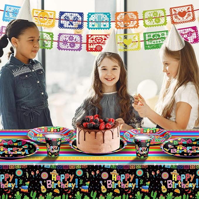 Mexican Fiesta Party Supplies Tableware Set Mexican Cinco De Mayo Themed Tableware with Paper Plates Napkins Cups Tablecloth Banner for Mexican Fiesta Party Decorations, Serves 24