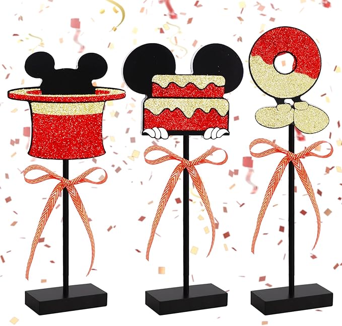 Red Gold Glitter Centerpieces for Mouse Theme Birthday Decorations,Wooden Signs Red Mouse Table Topper,Birthday Table Decorations for B-Day Party Decor and Party Favor(3 Pcs)