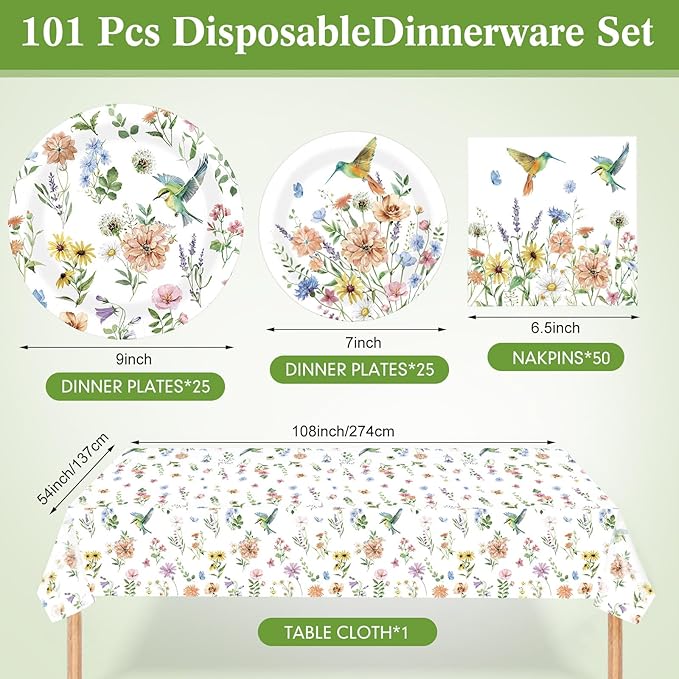 Zhehao 101 Pcs Spring Floral Party Decorations Wildflower Hummingbird Disposable Tableware Floral Paper Plates Napkin Tablecloth Party Decorations for Garden Picnic Baby Shower