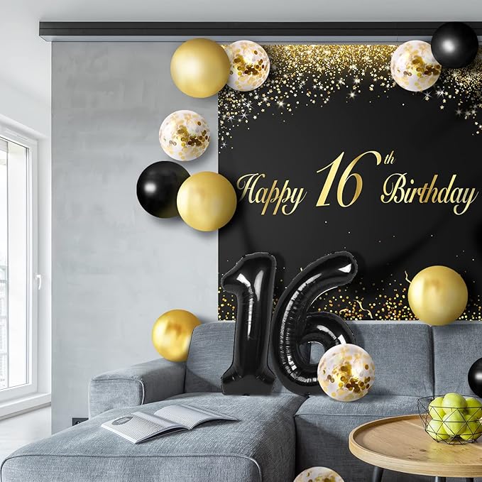 Happy 16th Birthday Balloons Black Set Decor - Cheers to 16 Years Old Party Theme Garland Banner Backdrop Decorations For Boy and Girl Supplies