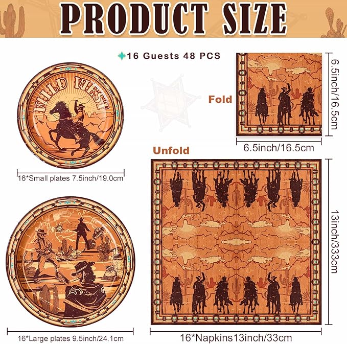 WERNNSAI Western Party Decorations - 48 PCS Cowboy Plates and Napkins First Rodeo Birthday Supplies Wild West Themed Tableware for Kids Boys Birthday Bachelorette Party Decor Serves 16 Guests