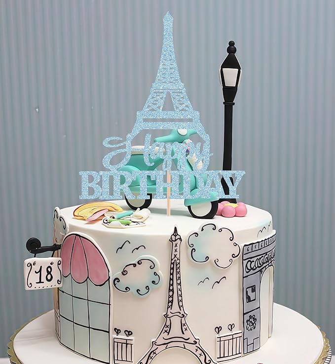 Eiffel Rower Birthday Cake Topper - Light Blue Glitter Eiffel Rower Theme Birthday Party Cake Decoration Supply - Boy or Girl Architecture Theme Party Cake Decor Photo Prop