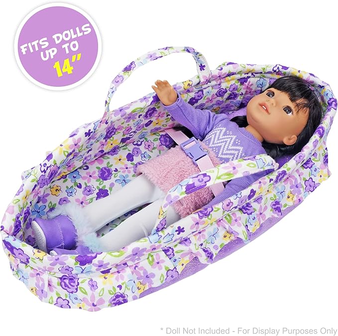 June Garden Cozy Dream Doll Bassinet - Baby Doll Portable Carrier - Fits for American Girl Dolls up to 14" - Soft Pillow & Safety Buckle Included - Purple