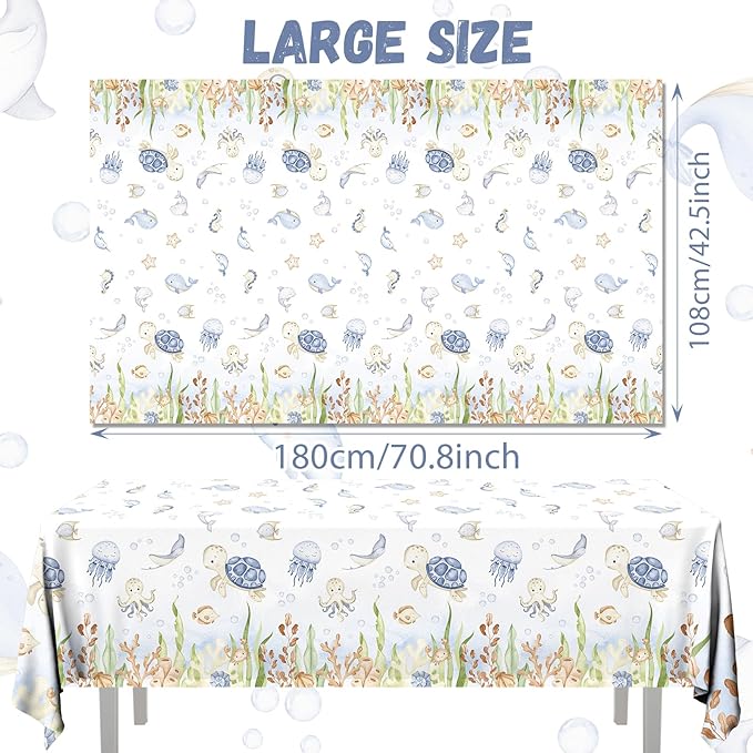 GREHUMOR 3Pcs Ocean Tablecloth Decoration Under The Sea Theme Party Supplies Sea Turtles Disposable Plastic Table Covers Underwater Sea Life Table Cloth for Ocean Baby Shower Birthday