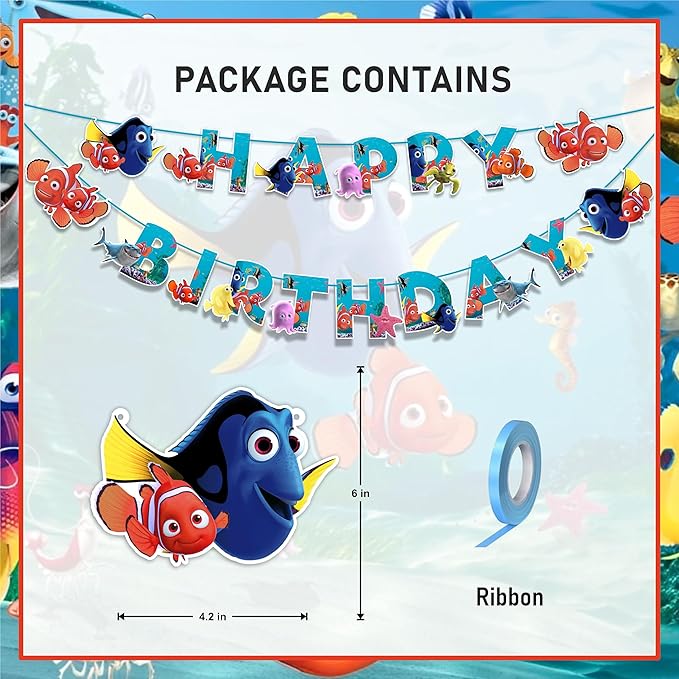 Findng Nmo Happy Birthday Banner – Colorful Underwater Theme Birthday Party Decoration – Durable, Reusable, and Easy to Hang Banner for Birthday Parties – Perfect Party Supplies for Boys and Girls