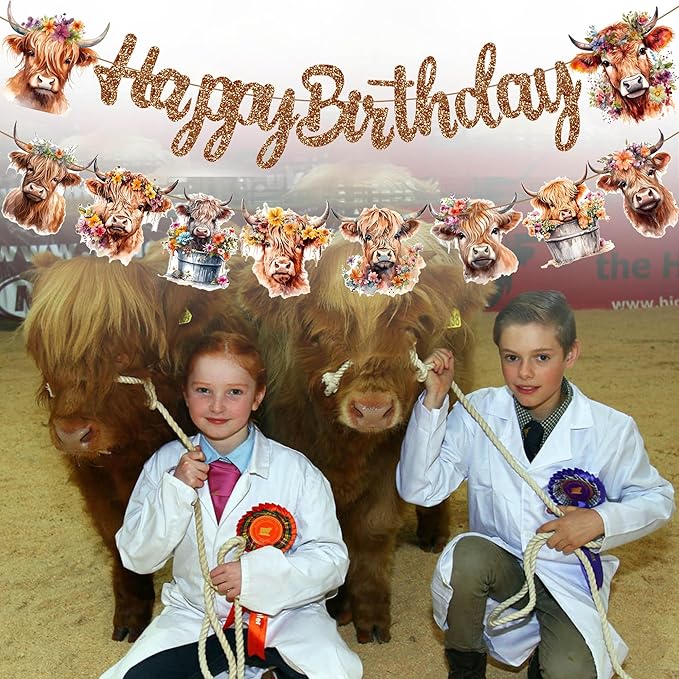 Brown Glitter Highland Cow Birthday Banner - Cattle Themed Party Decorations for Baby Shower Supplies