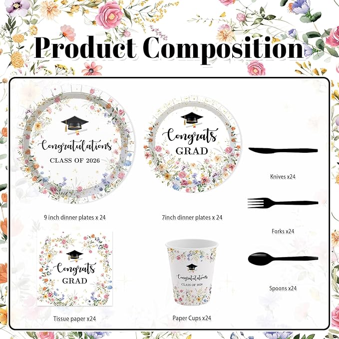 168 Pcs Class of 2026 Plates Cups Napkins Tablecloth Set Wildflower Graduation Party Supplies Floral Class of 2026 Graduation Decorations Serve 24 Guests