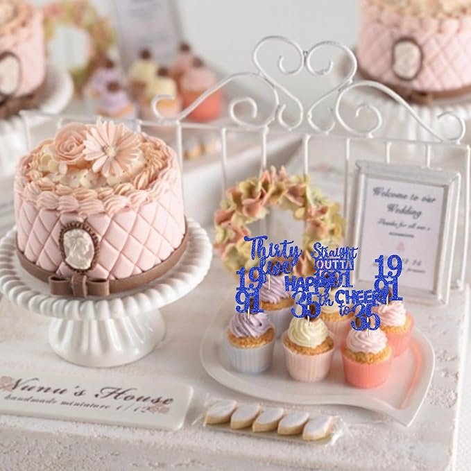30 PCS 35th Birthday Cupcake Toppers Glitter Ten Happy 35th Straight Outta 1991 Cupcake Picks for Cheers to 35 Fabulous 10th Birthday Anniversary Party Cake Decorations Supplier Blue