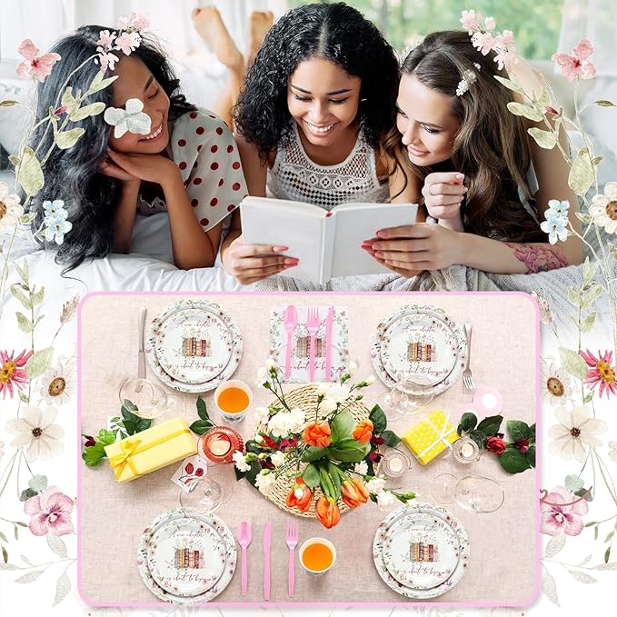 168 Pcs A New Chapter Is About to Begin Baby Shower Tableware Set, Storybook Baby Shower Decorations Floral Bridal 9" 7" Paper Plates Cups Napkins Party Supplies, Book Wildflower Dinnerware