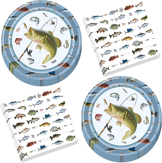 Rakuto Fishing Birthday Party Decorations - 50 Pcs Gone Fishing Plates Napkins Party Decorations, Disposable Fish Themed Tableware Supplies Set for Fish Tournament Birthday Serves 25