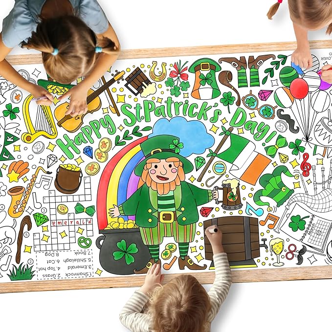 Gatherfun St. Patrick's Day Coloring Poster for Classroom Wall - Versatile 31.5 x 72 Inches irish themed Activity Poster/Table Cover, School Parties, St. Patrick's Day Party Decoration
