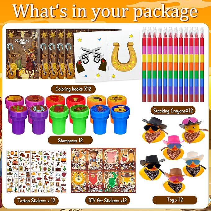 Cinrobiye 144 Pcs Western Cowboy Party Favors, Wild West Coloring Books, Stickers, Tattoos, Stampers, Rubber Ducks, Rainbow Pencils, Barn Party Supplies, Birthday Goodie Bag Fillers, Prize Bulk Set