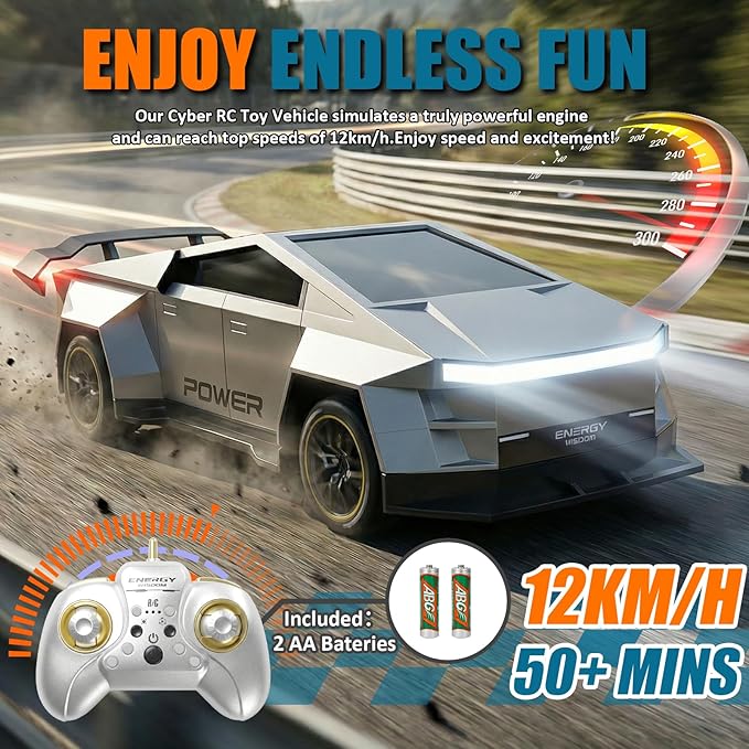 Remote Control Car/RC Truck – 2.4 GHz All-Terrain Cyber Vehicles with One-Touch Demo and Three Adjustable LED Light Effects, Off-Road Pick-Up Hobby Monster Truck Toys Gifts for Boys Aged 3+ (Silver)