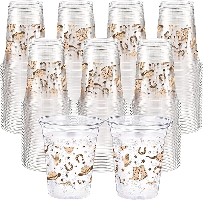 100 Pcs Western Plastic Cups 12 oz Clear Disposable Plastic Cowboy Cowgirl Drinking Cups Bulk for Boho Preppy Baby Shower Birthday Wild West Party Decoration Supplies(Western Cowboy,Brown)