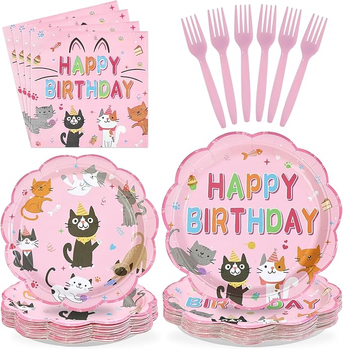 96Pcs Cat Birthday Party Supplies Cats Themed Plates and Napkins Pink Kitten Happy Birthday Tableware Set for Girls Pink Cat Baby Shower Party Supplies Serves 24