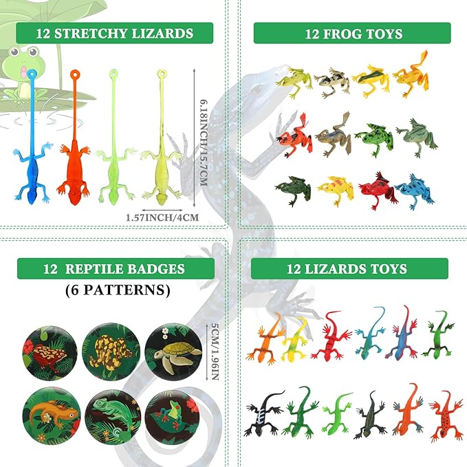 Paterr 94 Pcs Reptile Party Favors Reptile Birthday Party Supplies Decorations Include Gift Bags Slap Bracelets Badges Tattoos Stickers frog Lizard Toys Stretchy Sticky Toys for Boy Girl