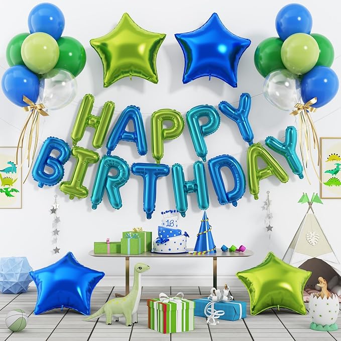 29PC Blue Green Happy Birthday Balloon Banner, 16 Inch 3D Aluminum Letter Banner Sign, Clear Blue Green Balloon Helium 18 Inch Star Foil Balloon for Kids, Women, Men Birthday Party Decoration
