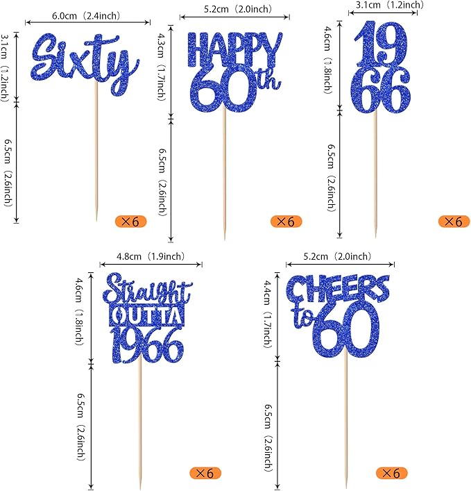 30 PCS 60th Birthday Cupcake Toppers Glitter Sixty Happy 60 Straight Outta 1966 Cupcake Picks for Cheers to 60 Fabulous 60th Birthday Anniversary Party Cake Decorations Supplier Blue
