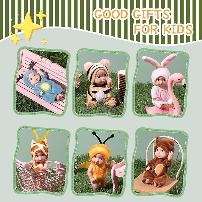 6PCS 4inch Mini Dolls Set - Baby Doll with 6 Animal Outfits & Accessories, Reborn Baby Dolls for Kids Role Play, Perfect Birthday for Children Ages 3+