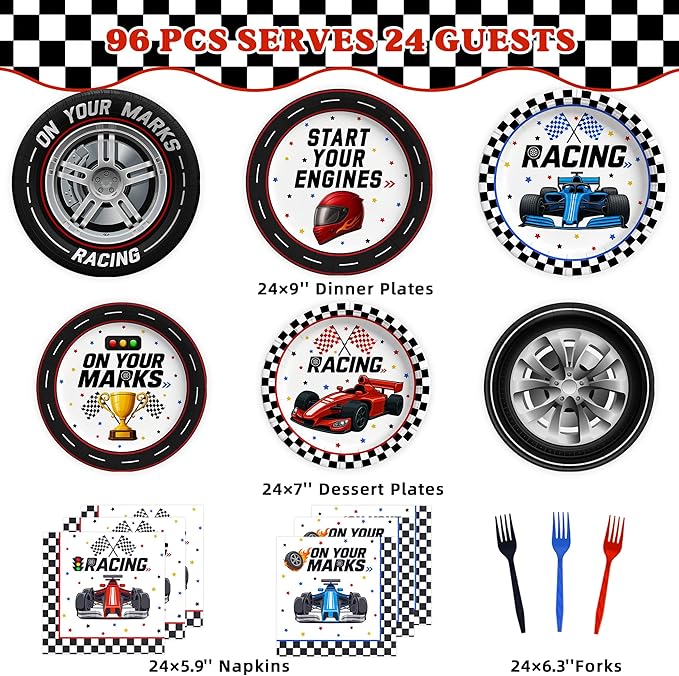 96 Pcs Race Car Birthday Party Decorations (Serves 24), All-in-1 Cars Decorations Supplies Include Include Plates Napkins Forks for Race Day