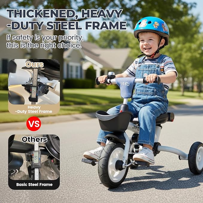 JMMD 8 in 1 Tricycle Stroller with Push Handle, Foldable Trike with 360° Swivel Seat, Reclining Backrest, All-Terrain Wheels, Dual Brakes, Canopy & Storage, Gift for Kids 18 Months to 5 Years, Blue