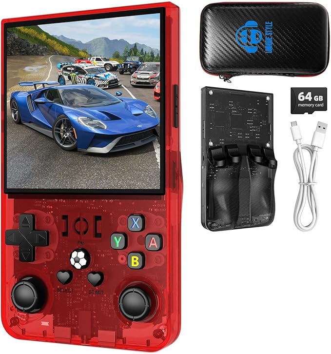 R36MAX Retro Handheld Game Console, 4.0-Inch IPS Display, 720x720 Resolution, Linux System, 64GB Support 18,000+ Classic Games, 4000mah Battery, with Portable Case(Red 64GB)