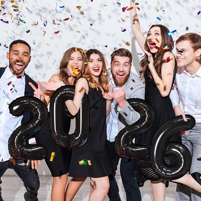 KALOR 16 Inch 2026 Black Foil Number Balloons, 2026 New Years Decorations for 2026 Happy New Year Eve and Graduations Party Supplies