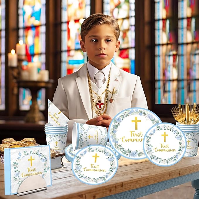 First Communion Decorations for Boys, Baptism Plates and Napkins Blue Primera Comunion Decoracion 1st Communion Party Supplies for Baptism Party Decorations Serves 25