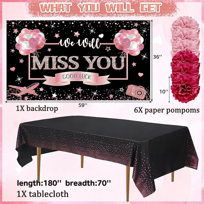 Farewell Party Decorations Supplies Kit,Rose Gold We Will Miss You Decorations Include We Will Miss You Banner Backdrop Table Toppers Paper Pompoms Going Away Party Hanging Swirls Decorations