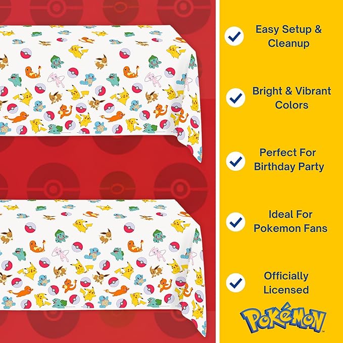 Unique Pokemon Table Cloth (2 Pack) - Pokemon Birthday Party Decorations - Officially Licensed - Party Supplies - 2 Plastic Tablecloth, with Checklist