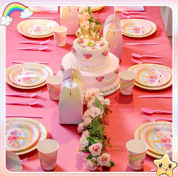 Meanplan 168 Pcs Unicorn Party Tableware Supplies Set Include Rainbow Unicorn Paper Plates Napkins Cups Knives Forks Spoons for Girls Guests Birthday Baby Shower Party Favor Serves 24 Guests