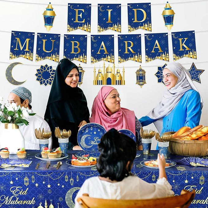 Nuanchu 172 Pcs Eid Mubarak Party Decorations Ramadan Kareem Party Supplies 9" Plates 7" Plates Cups Cutlery Napkins 2 Tablecloths 2 Eid Mubarak Banner for Muslim Islamic Al Fitr , Serves 24