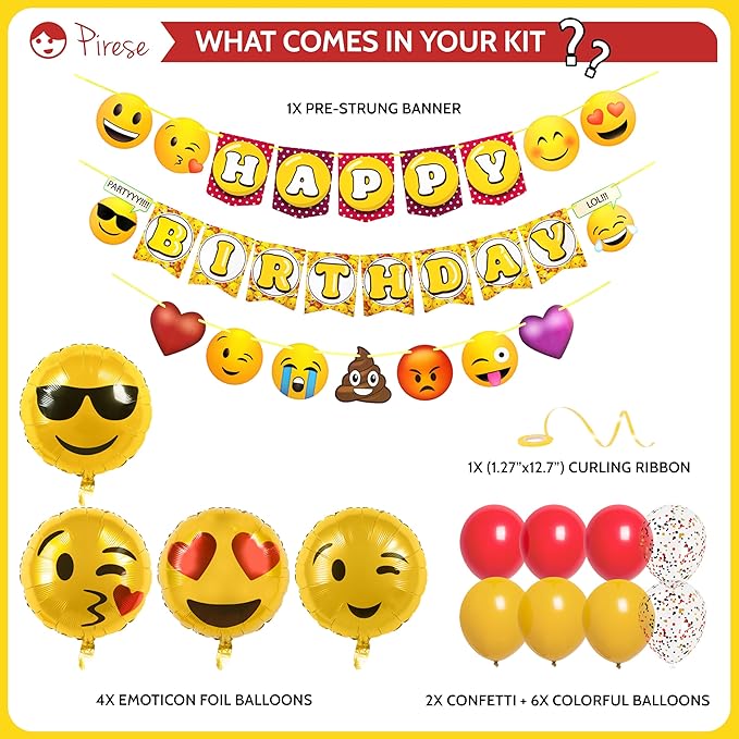Pirese Emoticon Birthday Decorations - Smile Face Party Supplies, Happy Birthday Banner, Yellow Emoticons Decor, Poop Party Supplies
