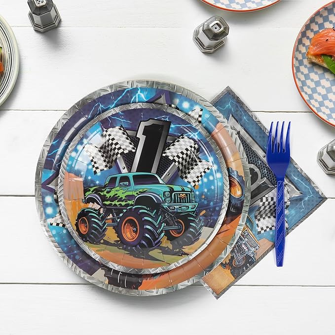 96Pcs Monster Truck Plates Party Supplies,Monster Jam Paper Plates and Napkins and Forks for 24 Guests Picnic Kids Birthday Party Decorations