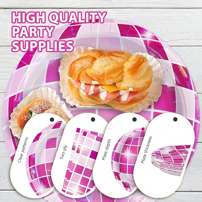 96Pcs Disco Ball Party Decorations Hot Pink Disco Ball Cowgirl Plates and Napkins Sets Iridescent Cowgirl Decorations for Wedding Sprinkle Bachelorette 70s Disco Party Supplies Serves 24