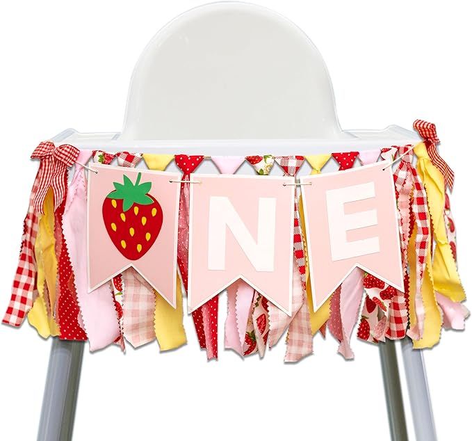 Strawberry First Birthday High Chair Banner - Sweet Berry 1st Birthday Party Decoration Supplies Highchair Banner, Strawberry Sign Anniversary Party Celebration Party Photo Props Banner
