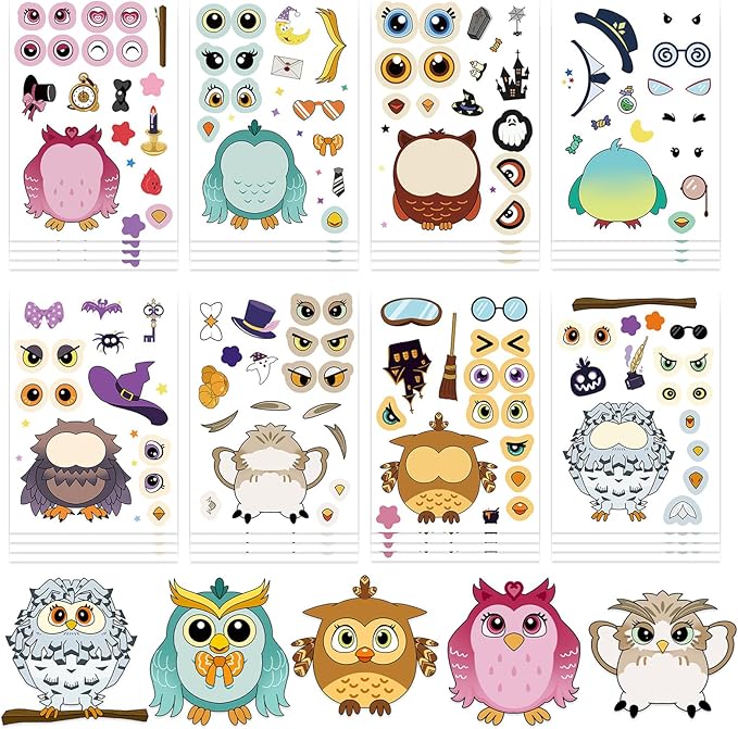 24 Sheet Owl Stickers Make Your Own Owl Stickers, Cute Cartoon Make-a-face Sticker Girls Boys Owls Mix and Match Sticker Sheets