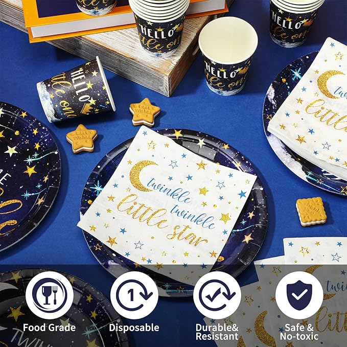 200 Pcs Twinkle Twinkle Little Star Baby Shower Paper Plates Napkins Cups Baby Shower Party Supplies Tableware Set Navy Blue Disposable Cup Napkin for 50 Guest Girls Spring Party Decoration