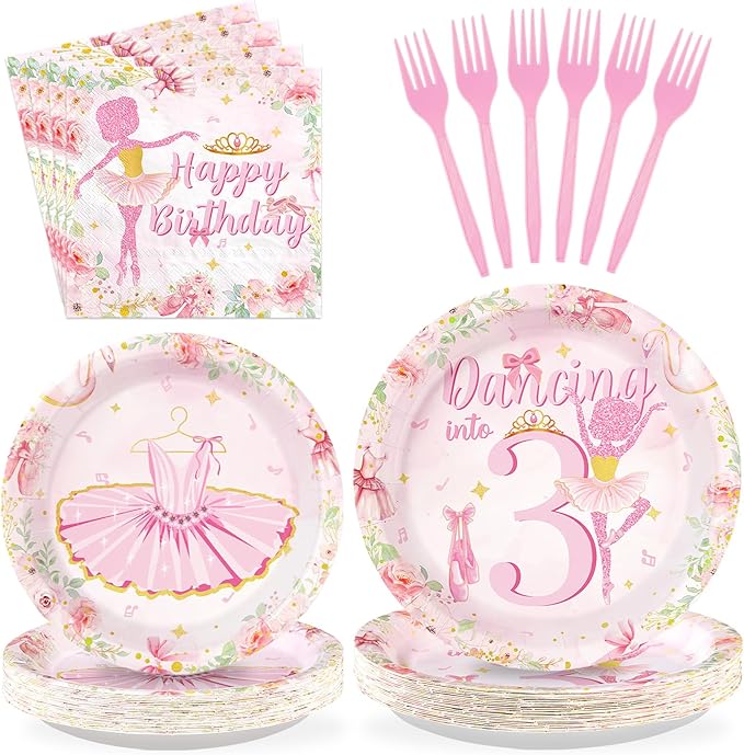 96Pcs Ballerina 3rd Birthday Decorations Cute Ballet 3rd Birthday Plates and Napkins Tableware Sets Ballerina Theme Party Decorations Favors for Girls Ballet Dancing Dancer Party Supplies Serves 24