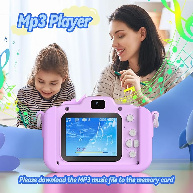 Kids Camera Toys for 3-8 Year Old Girls Boys, Children Digital Video Camcorder Camera with Cartoon Soft Cover, Chritmas Birthday Festival Gift for Kids - 32G SD Card and Card Reader (Purple)